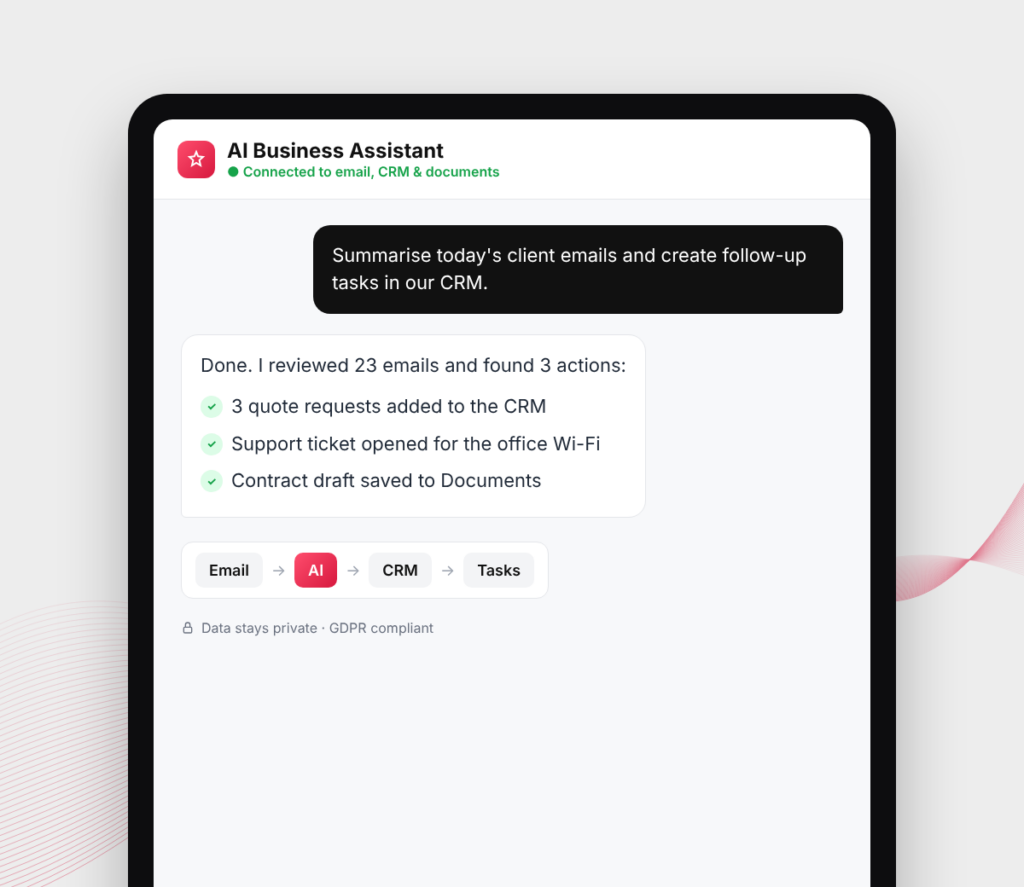 Tablet showing an AI business assistant turning client emails into CRM tasks